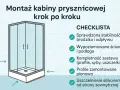 Ilustracja pokazuje montaż kabiny prysznicowej szklanej krok po kroku. Obok znajduje się lista kontrolna z zaznaczonymi etapami.