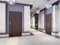 Nowoczesny korytarz z drzwiami, gdzie panele akustyczne mogą pomóc jak wyciszyć drzwi.