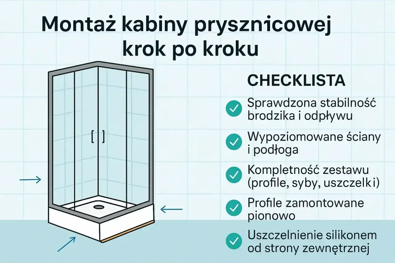 Ilustracja pokazuje montaż kabiny prysznicowej szklanej krok po kroku. Obok znajduje się lista kontrolna z zaznaczonymi etapami.