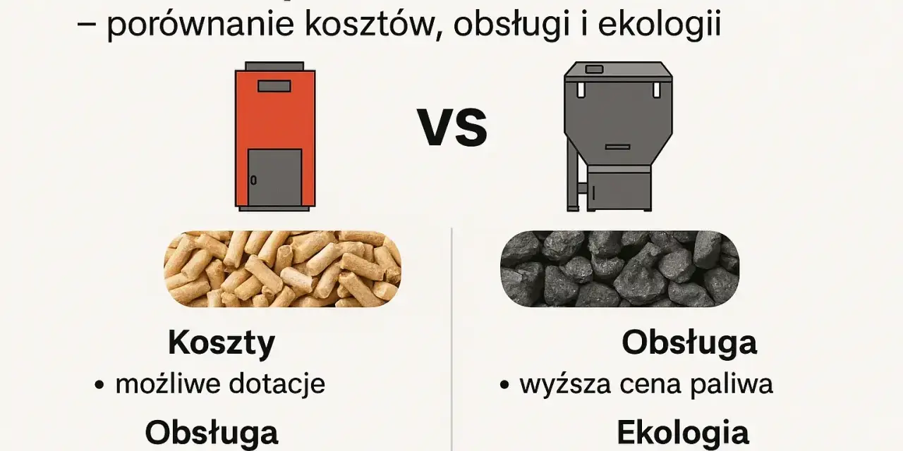 Porównanie: piec na pellet vs piec na ekogroszek. Pellet to niższe koszty i łatwiejsza obsługa, ekogroszek to wyższa cena paliwa i emisja.