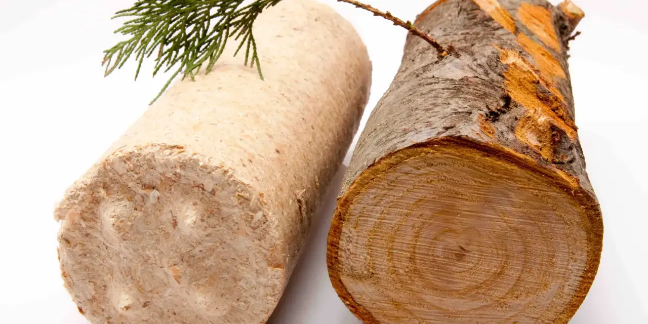 Dwa rodzaje opału: brykiet drzewny i drewno opałowe. Gałązka iglaka spoczywa na brykiecie, symbolizując naturę.