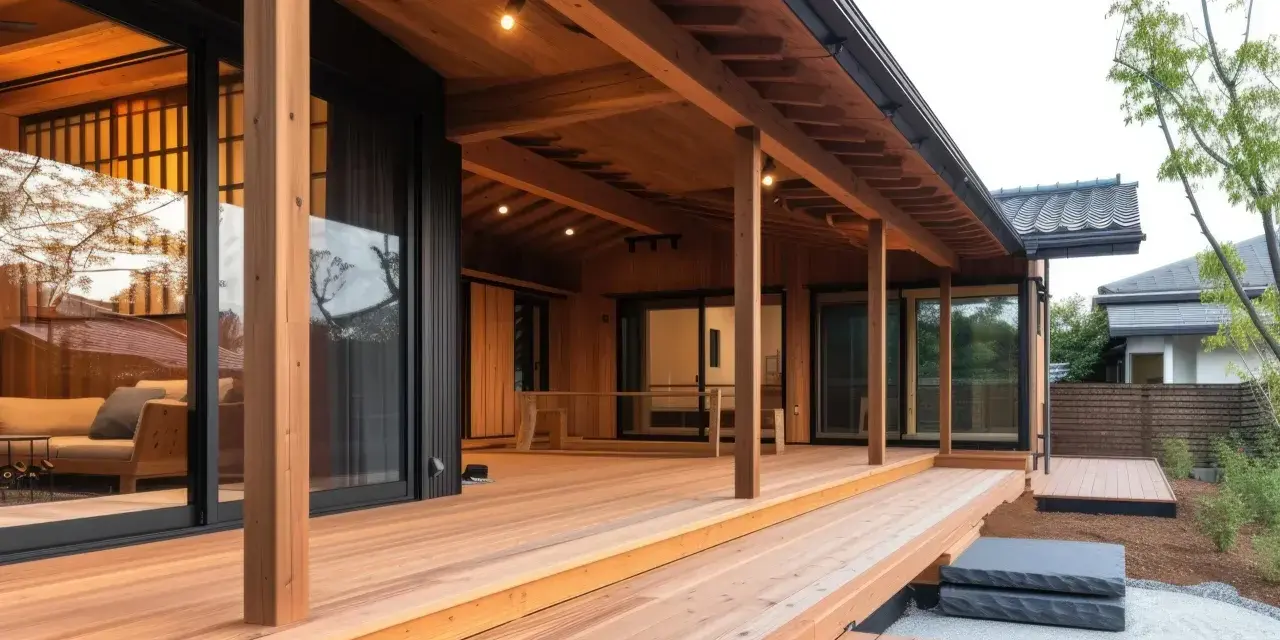 Nowoczesny balkon drewniany na słupach, projekt z widokiem na salon.
