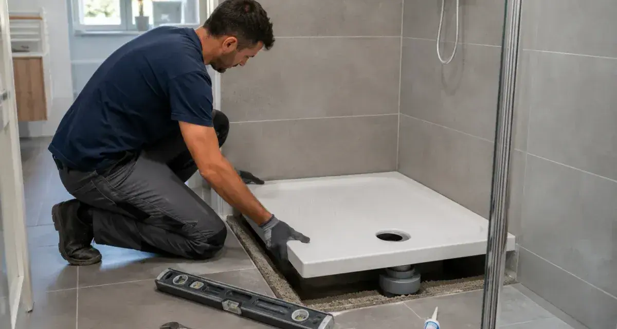 Instalator montuje brodzik wysoki, używając poziomicy i klucza. Narzędzia i silikon leżą obok.