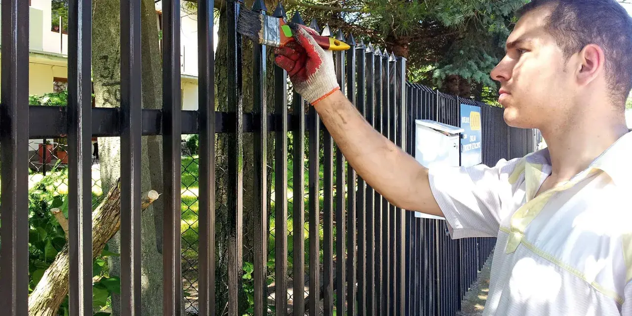 Mężczyzna w rękawicach maluje pędzlem czarny, metalowy płot. Odnawia ogrodzenie, by wyglądało jak nowe.