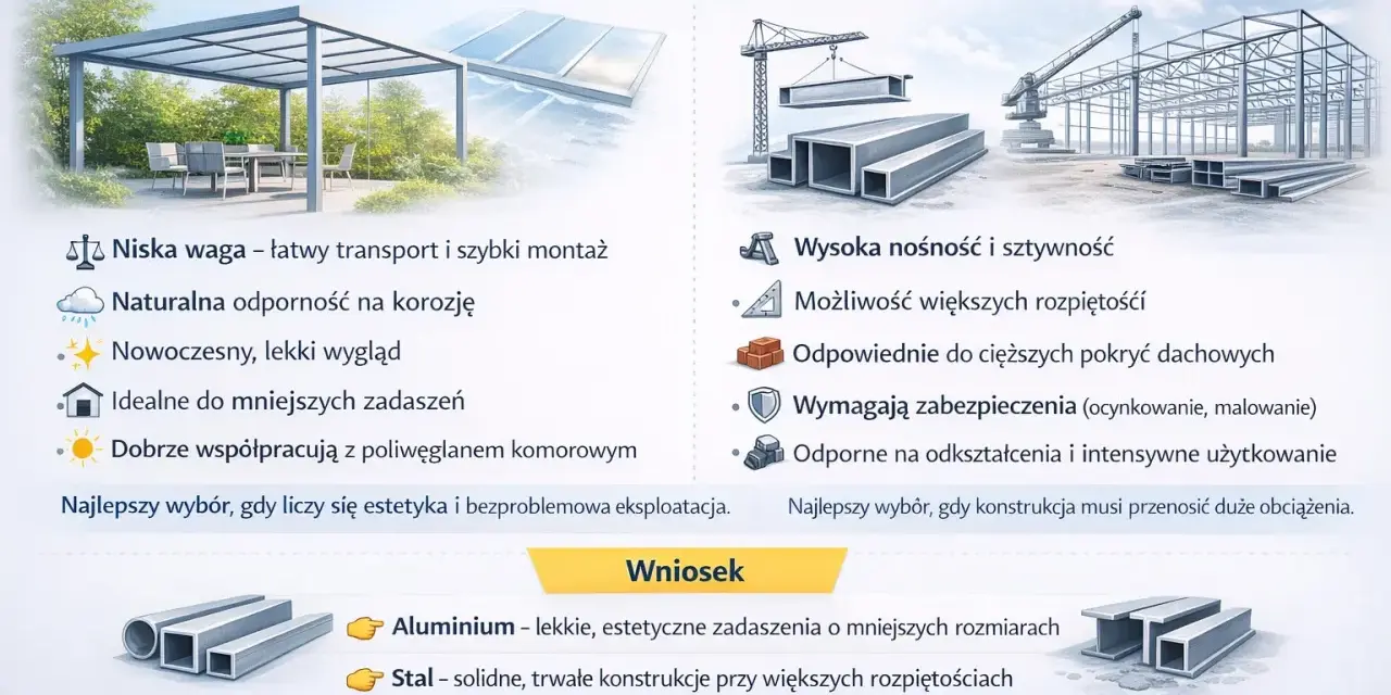 Porównanie profili aluminiowych i stalowych jako pomysł na zadaszenie tarasu: lekkość, estetyka vs. stabilność, nośność.
