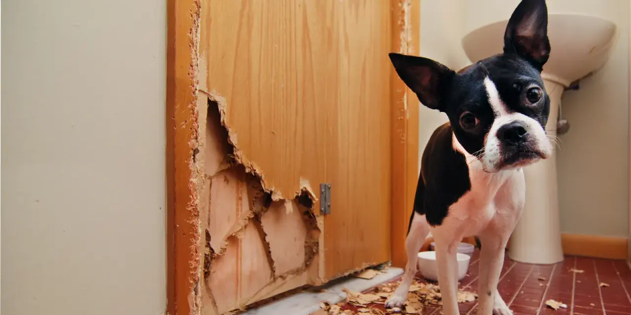 Boston terrier patrzy na zniszczone drzwi z płyty. Jak naprawić dziurę w drzwiach z płyty? Pies wygląda na winnego.