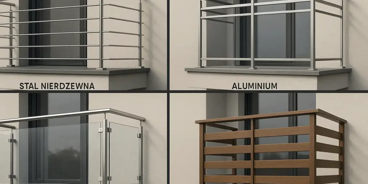 Czyszczenie balustrady metalowej ze stali nierdzewnej, aluminium i szkła hartowanego. Obok drewniana balustrada.