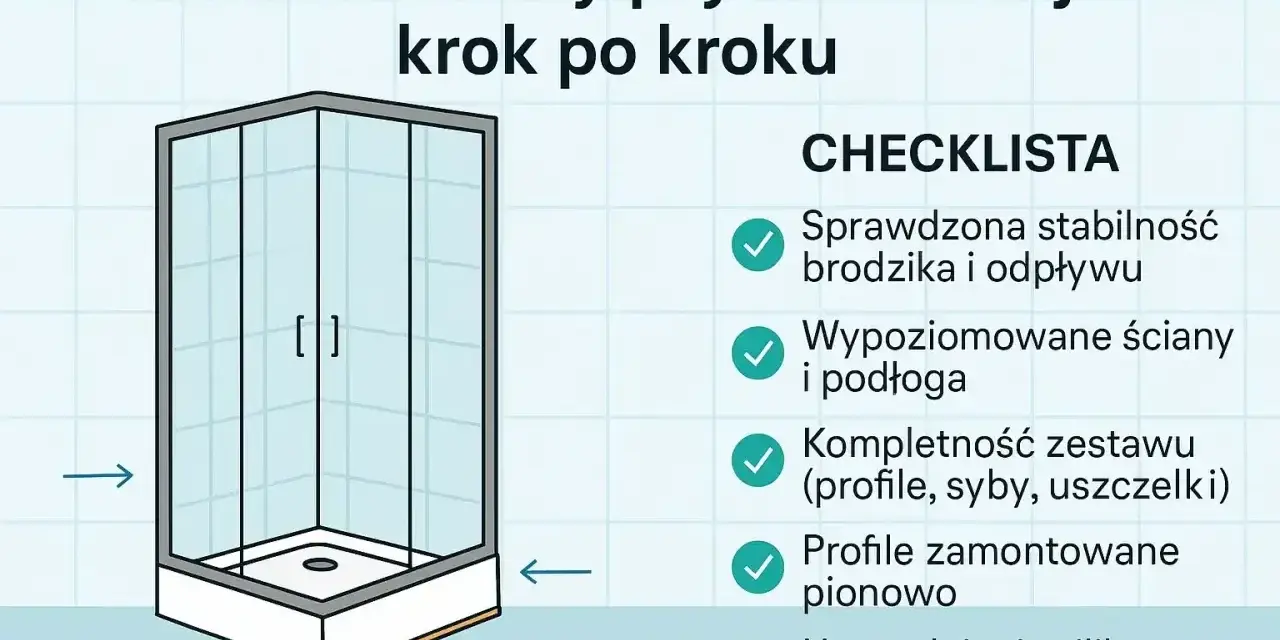Ilustracja pokazuje montaż kabiny prysznicowej szklanej krok po kroku. Obok znajduje się lista kontrolna z zaznaczonymi etapami.