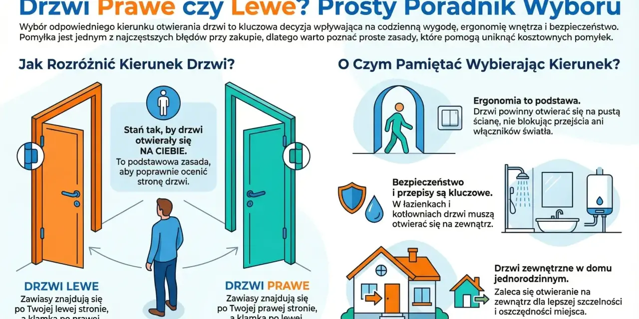 Jak odróżnić drzwi prawe od lewych? Zobacz, gdzie są zawiasy i klamka. Drzwi lewe mają zawias po lewej, prawe po prawej.