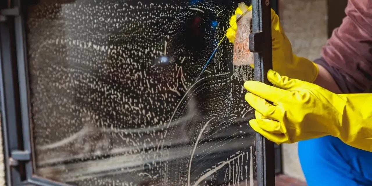 Ręce w żółtych rękawiczkach czyszczą zaplamioną szybę kominka. Dowiedz się, jak wyczyścić kominek w środku, aby znów lśnił.