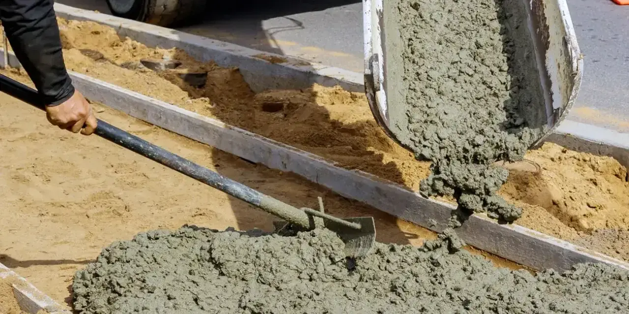 Robotnicy wylewają świeży beton z samego piasku i cementu, tworząc nowy chodnik.