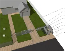 Projekt ogrodzenia dla śmietnika, z zaznaczonymi wymiarami i elementami.