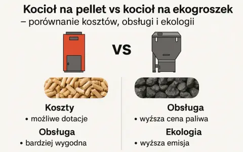 Porównanie: piec na pellet vs piec na ekogroszek. Pellet to niższe koszty i łatwiejsza obsługa, ekogroszek to wyższa cena paliwa i emisja.