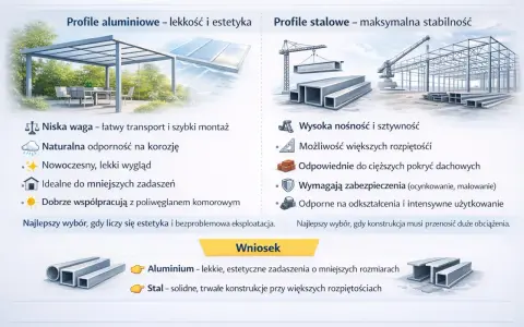Porównanie profili aluminiowych i stalowych jako pomysł na zadaszenie tarasu: lekkość, estetyka vs. stabilność, nośność.