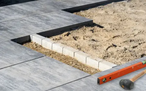 Układanie płyt tarasowych na podsypce piaskowej. Widać fragmenty gotowego tarasu, podsypkę i obrzeże z kostki. Narzędzia budowlane leżą obok.