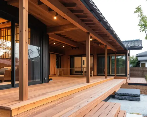 Nowoczesny balkon drewniany na słupach, projekt z widokiem na salon.