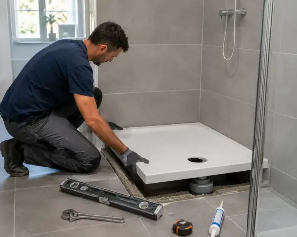Instalator montuje brodzik wysoki, używając poziomicy i klucza. Narzędzia i silikon leżą obok.