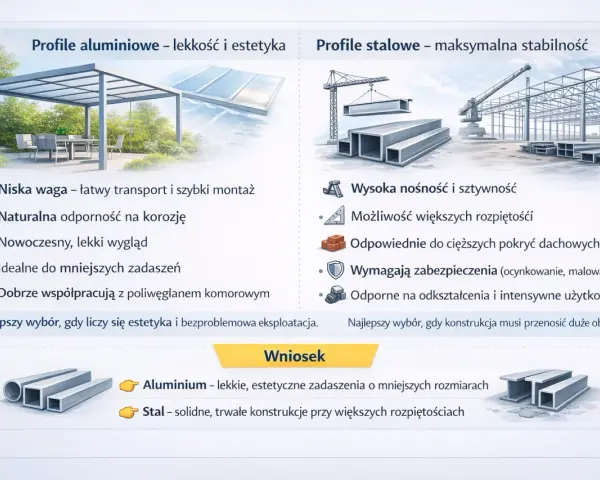 Porównanie profili aluminiowych i stalowych jako pomysł na zadaszenie tarasu: lekkość, estetyka vs. stabilność, nośność.