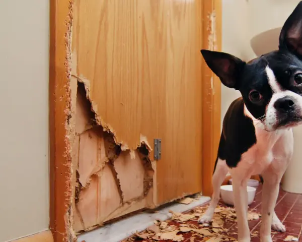 Boston terrier patrzy na zniszczone drzwi z płyty. Jak naprawić dziurę w drzwiach z płyty? Pies wygląda na winnego.