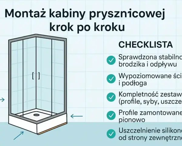 Ilustracja pokazuje montaż kabiny prysznicowej szklanej krok po kroku. Obok znajduje się lista kontrolna z zaznaczonymi etapami.
