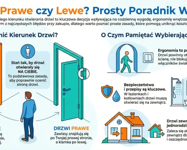 Jak odróżnić drzwi prawe od lewych? Zobacz, gdzie są zawiasy i klamka. Drzwi lewe mają zawias po lewej, prawe po prawej.