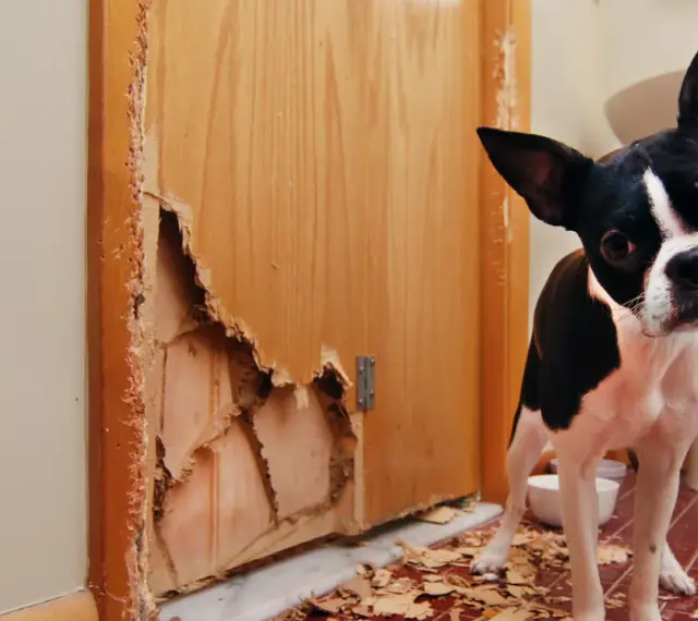 Boston terrier patrzy na zniszczone drzwi z płyty. Jak naprawić dziurę w drzwiach z płyty? Pies wygląda na winnego.