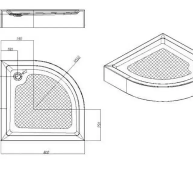 Rysunek techniczny przedstawia wymiary brodzika narożnego: 800x800 mm, wysokość 180 mm, promień zaokrąglenia 550 mm.