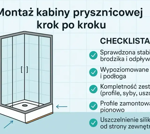 Ilustracja pokazuje montaż kabiny prysznicowej szklanej krok po kroku. Obok znajduje się lista kontrolna z zaznaczonymi etapami.