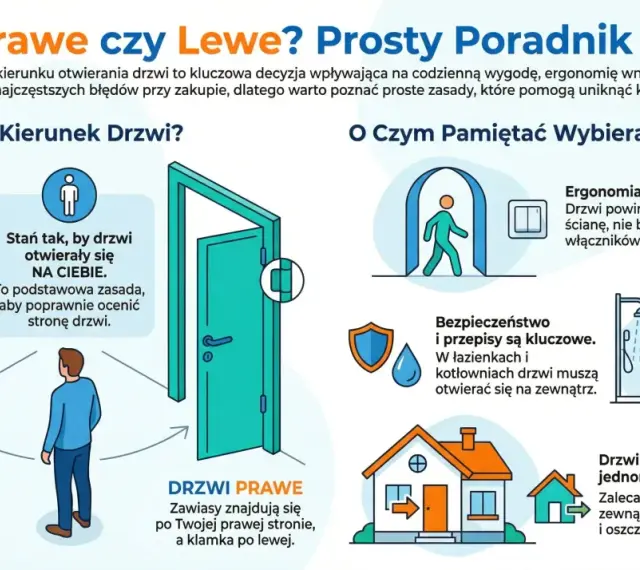 Jak odróżnić drzwi prawe od lewych? Zobacz, gdzie są zawiasy i klamka. Drzwi lewe mają zawias po lewej, prawe po prawej.