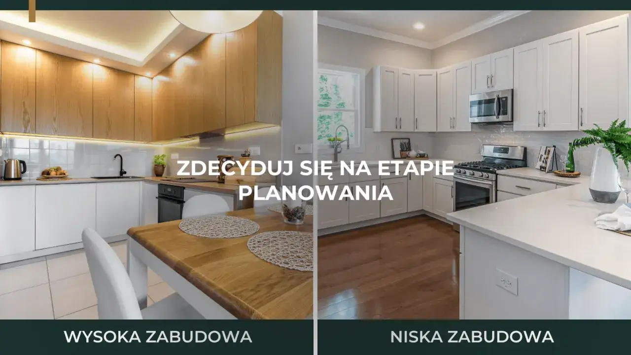 Remont kuchni od czego zacząć? Dwie wizje: wysoka zabudowa z drewnianymi frontami i niska zabudowa w jasnej kolorystyce.