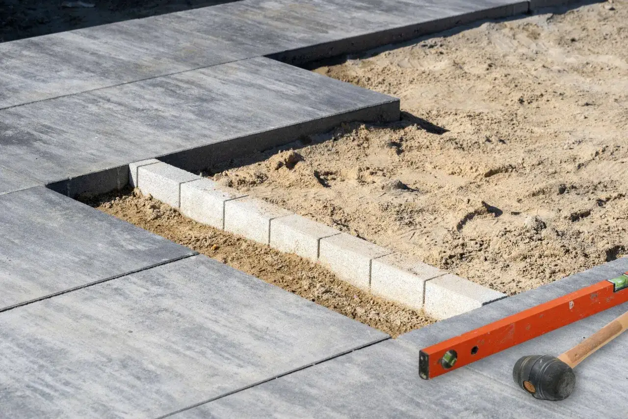 Budowa tarasu z płyt betonowych w toku. Widać piasek, obrzeża i narzędzia: poziomicę i gumowy młotek.