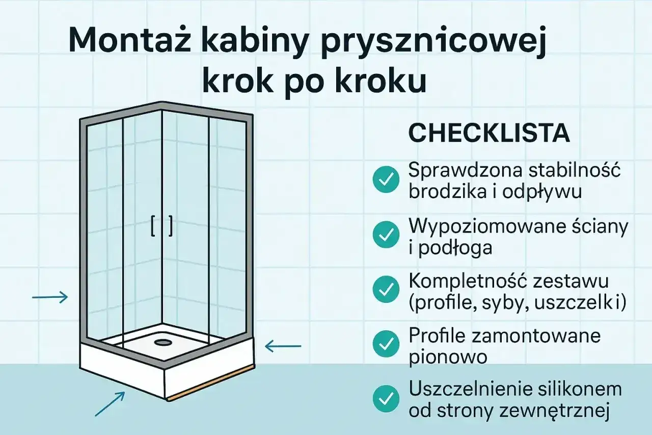 Ilustracja przedstawia montaż kabiny prysznicowej szklanej. Widoczna jest gotowa kabina z brodzikiem i checklistą krok po kroku.