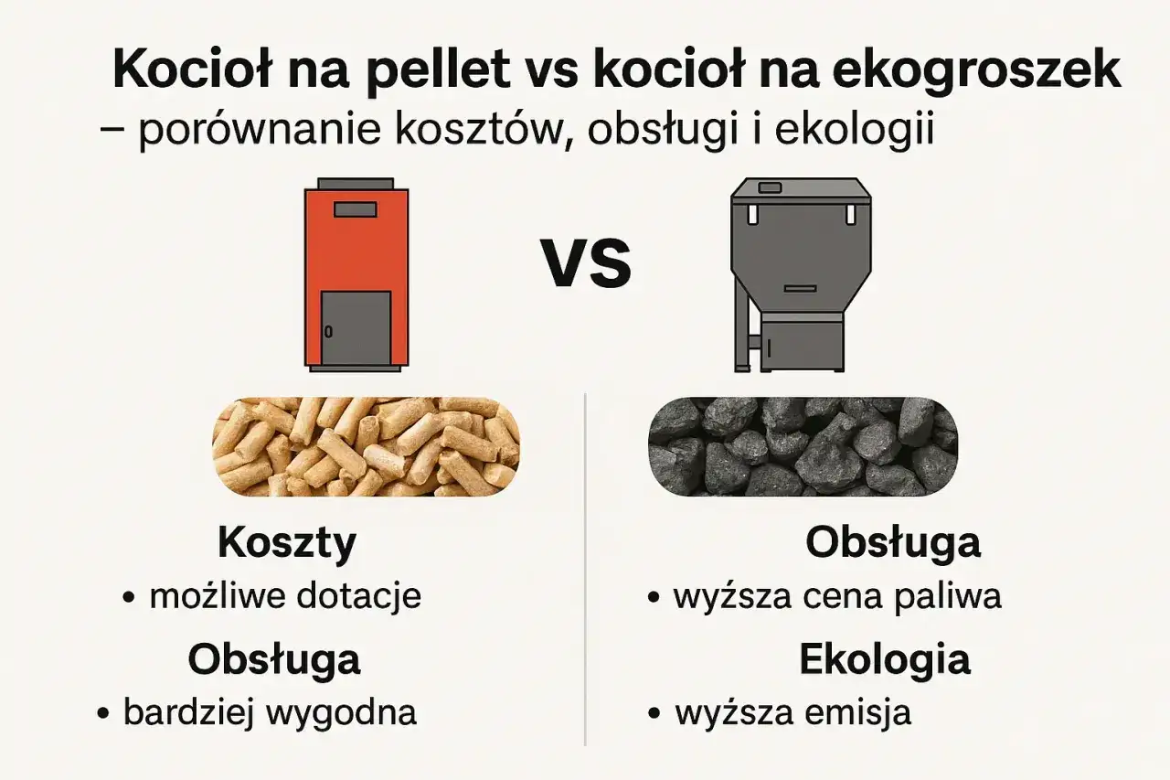 Porównanie: piec na pellet vs piec na ekogroszek. Pellet to niższe koszty i wygoda, ekogroszek to wyższa cena paliwa i emisja.