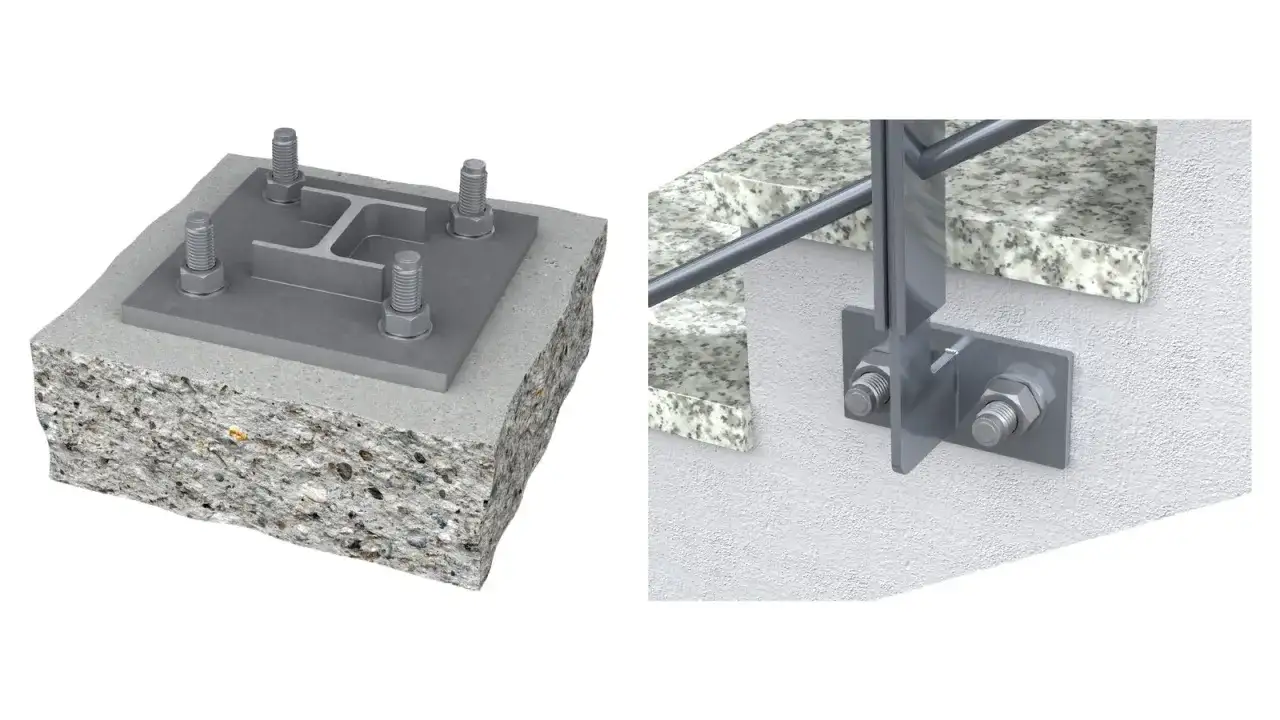 Solidne mocowanie balustrady balkonowej do betonu za pomocą kotew i stalowych profili. Detale techniczne montażu.