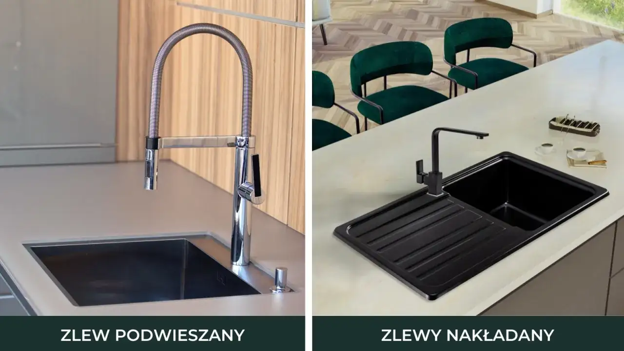 Montaż zlewozmywaka nakładanego – czarny, elegancki model na blacie. Obok widoczny zlewozmywak podwieszany.