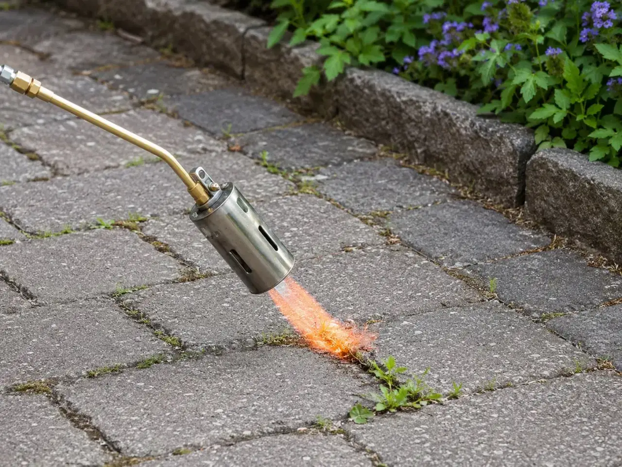 Palnik gazowy wypala chwasty i mech z kostki brukowej, pokazując, jak usunąć mech z kostki.