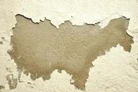 Pęknięcia na ścianie odsłaniają surowy tynk. Warstwa farby łuszczy się, tworząc nieregularne kształty.