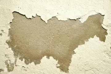 Pęknięcia na ścianie odsłaniają surowy tynk. Warstwa farby łuszczy się, tworząc nieregularne kształty.