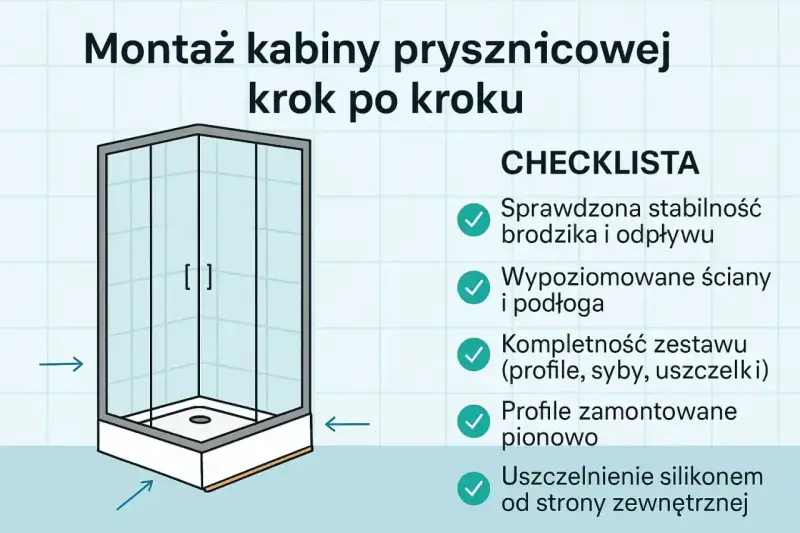 Ilustracja pokazuje montaż kabiny prysznicowej szklanej krok po kroku. Obok znajduje się lista kontrolna z zaznaczonymi etapami.