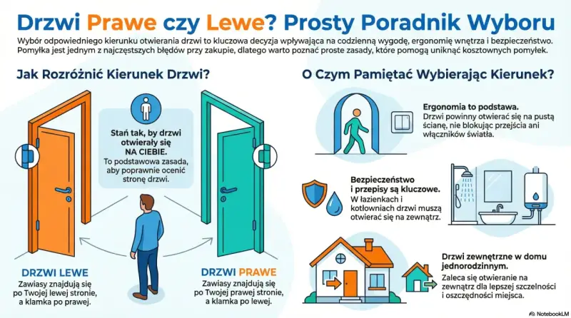 Jak odróżnić drzwi prawe od lewych? Zobacz, gdzie są zawiasy i klamka. Drzwi lewe mają zawias po lewej, prawe po prawej.